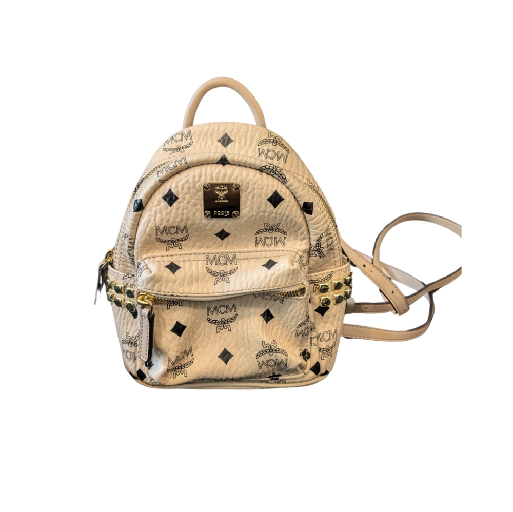 MCM X-MINI STARK SIDE STUDS BACKPACK IN VISETOS- BEIGE & BLACK